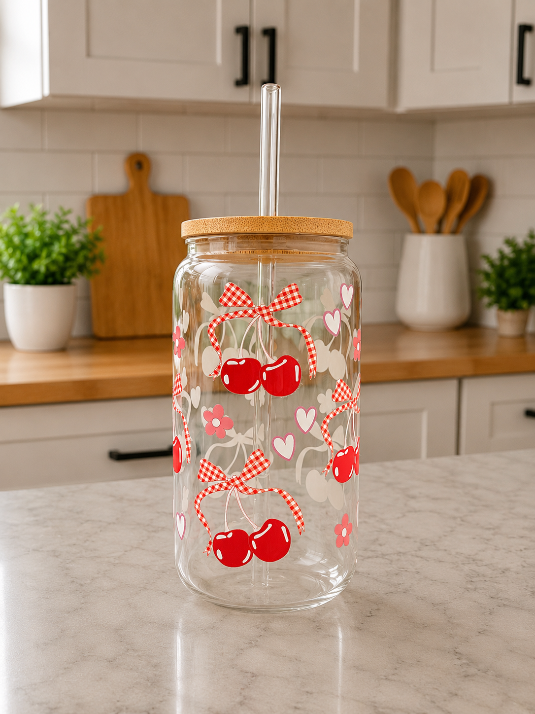 🍒 Cherry Bow Glass Can Cup ❤️✨