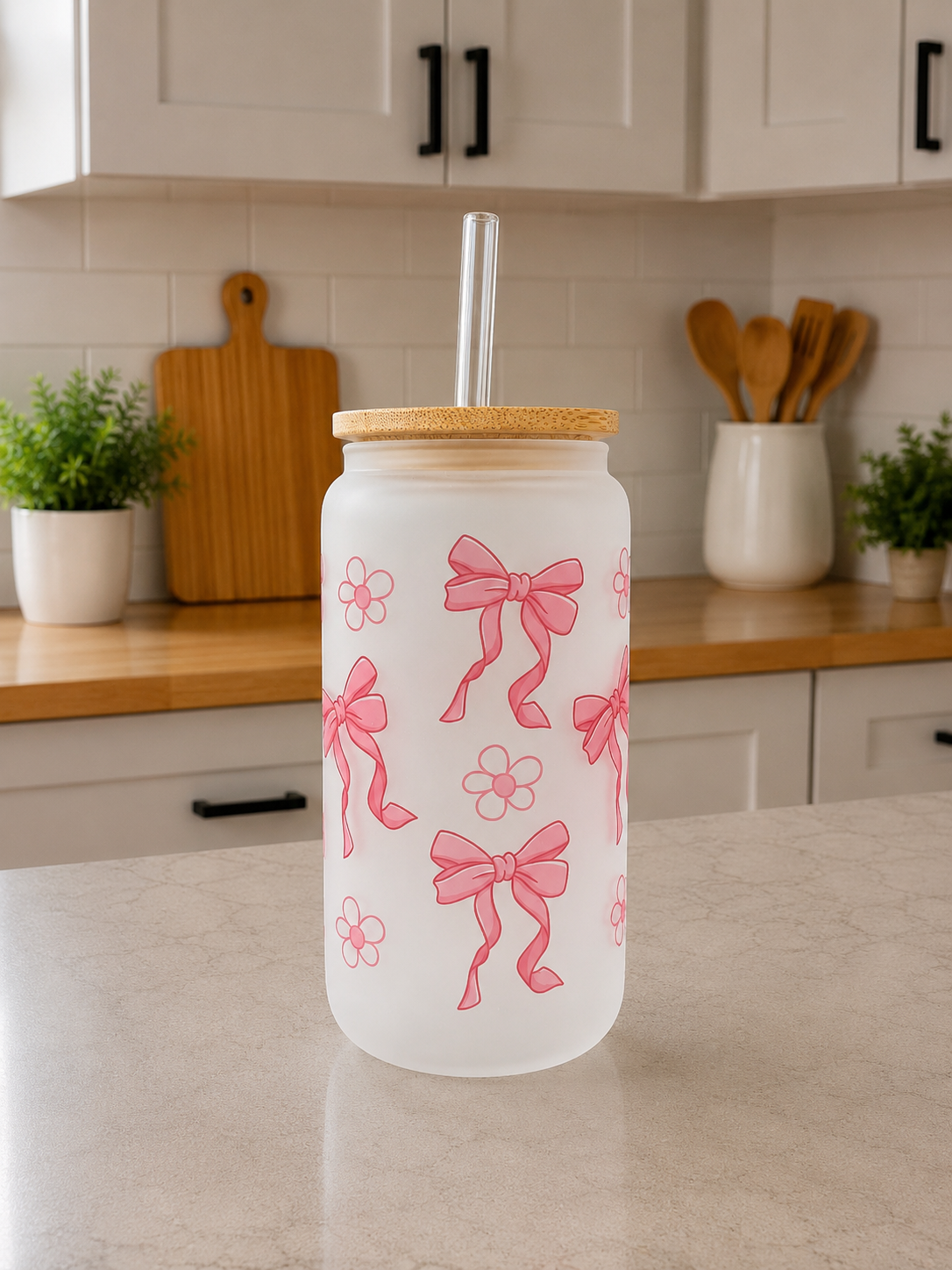 πβ¨ Coquette Pink Bow Frosted Glass Can Cup π©·πΈ