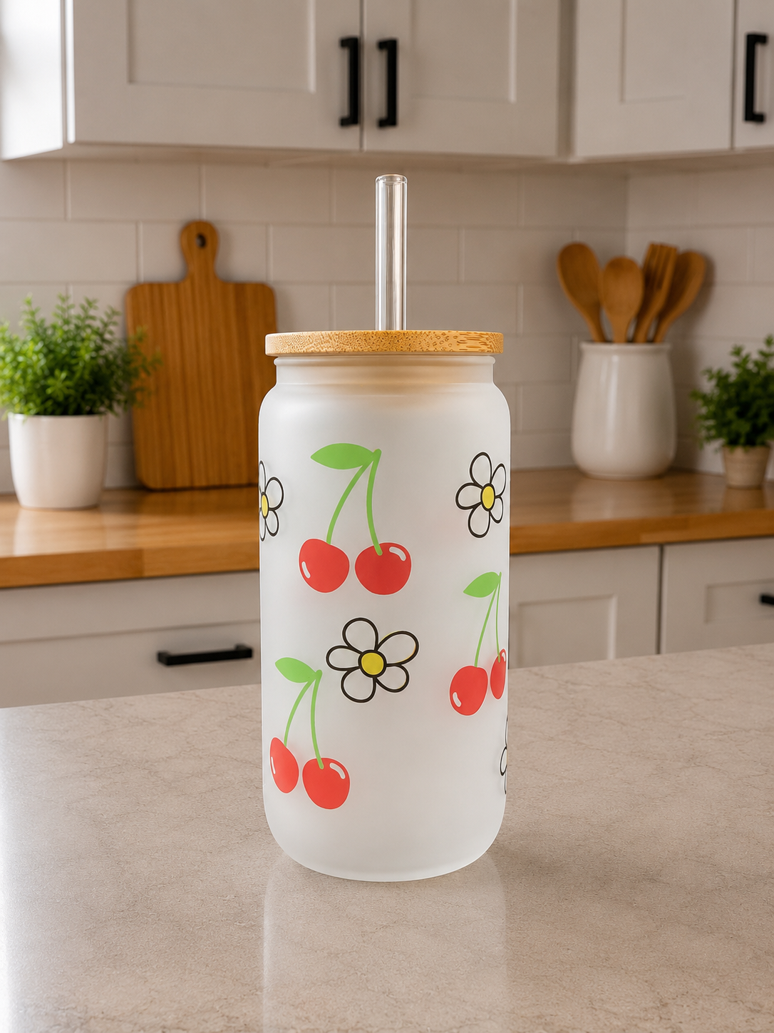 ๐โจ Cherry Daisy Frosted Glass Can Cup ๐ผโค๏ธ