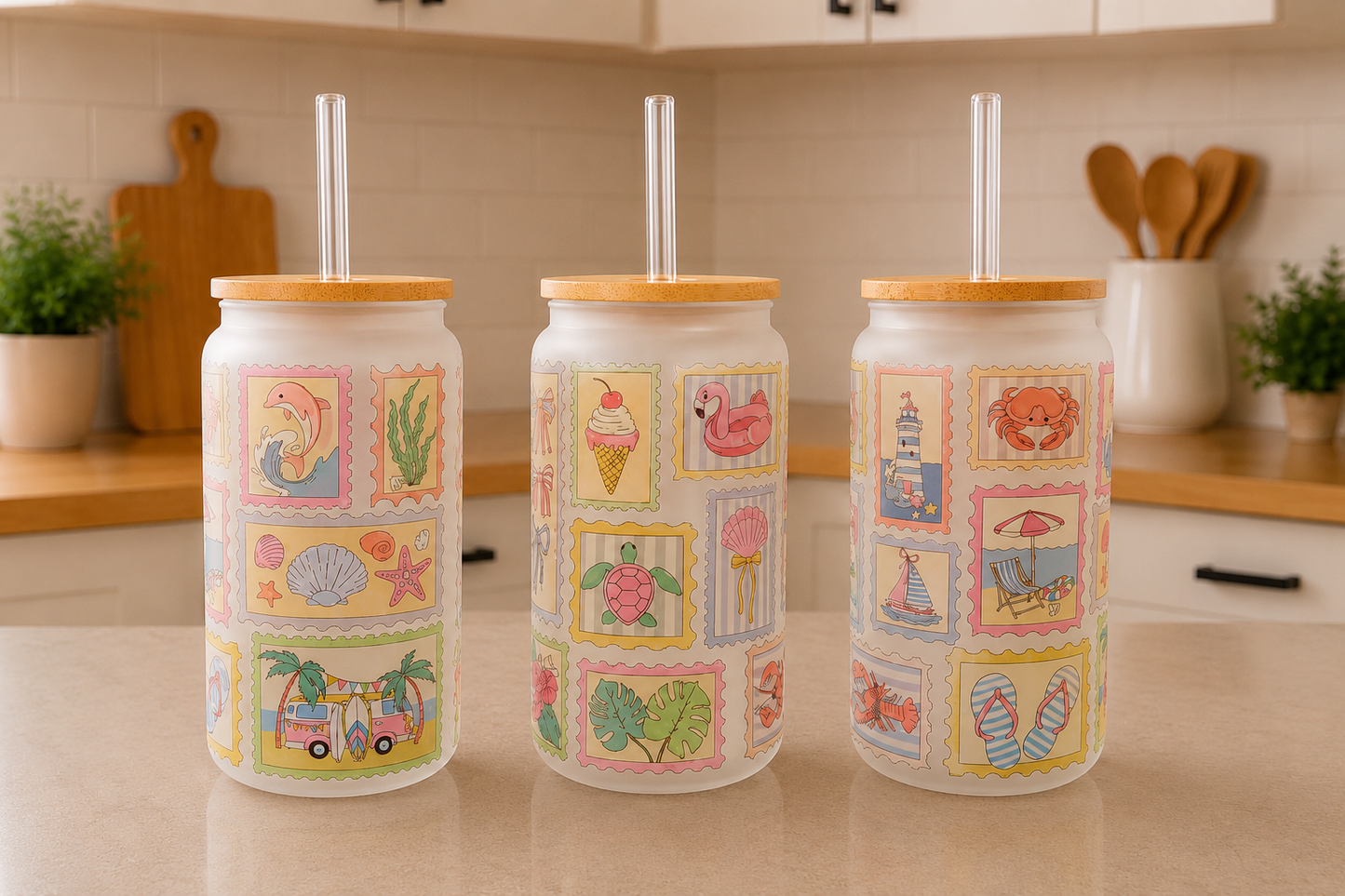 ππ Coastal Postcard Stamps Frosted Glass Can Cup π΄β¨