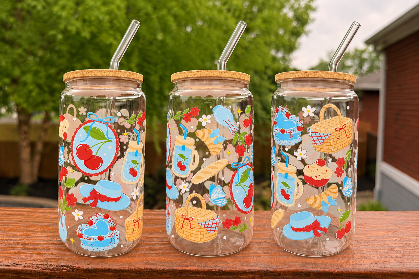Cherry Picnic Glass Can Cup🍒🧺💙✨