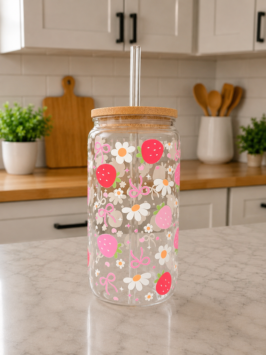 🍓✨ Strawberry Daisy Glass Can Cup 🌸🩷