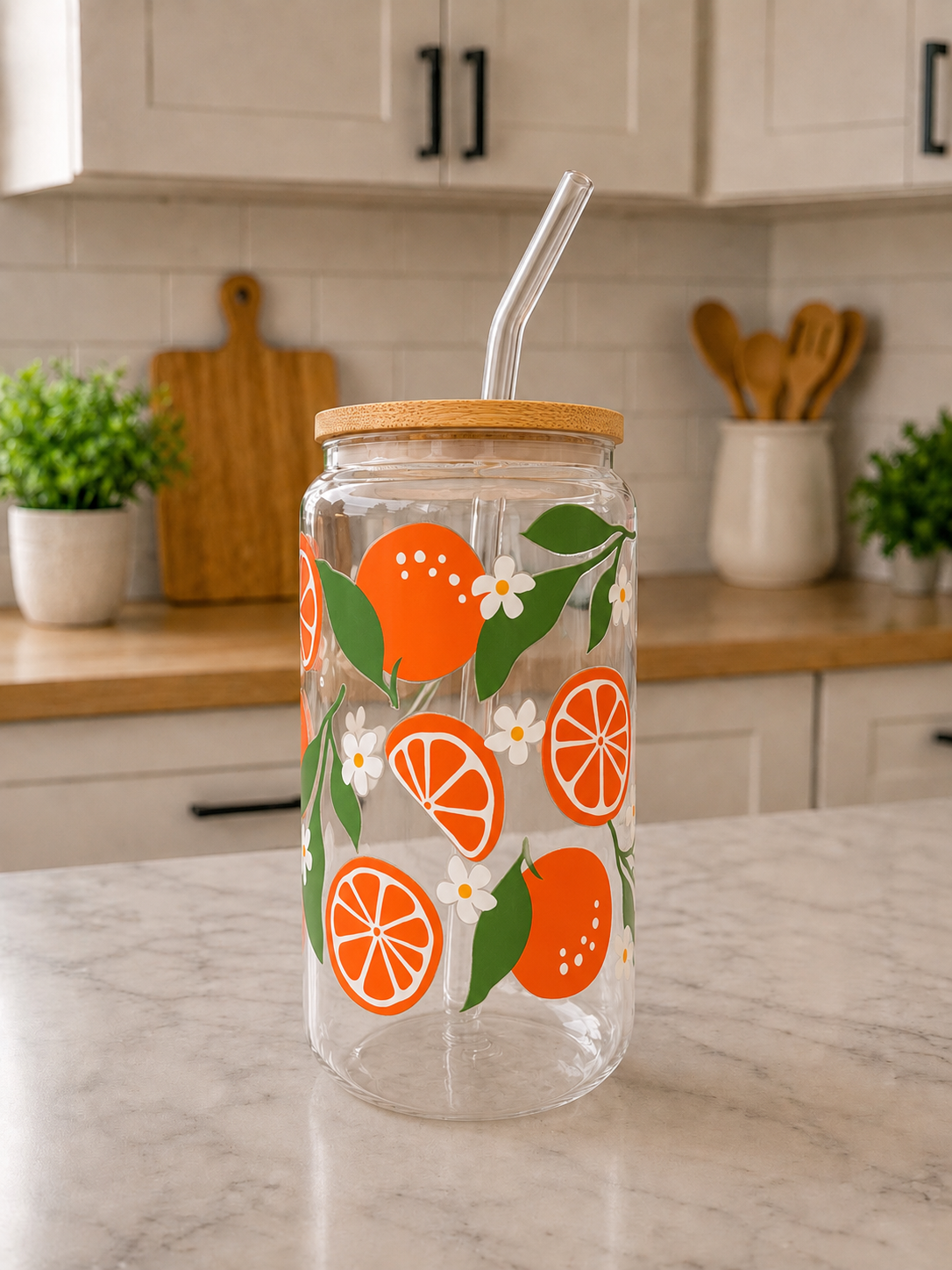 Citrus Blossom Glass Can Cup 🧡🍊✨