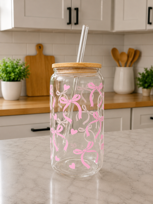 🎀 Coquette Pink Bow Glass Can Cup 💕✨