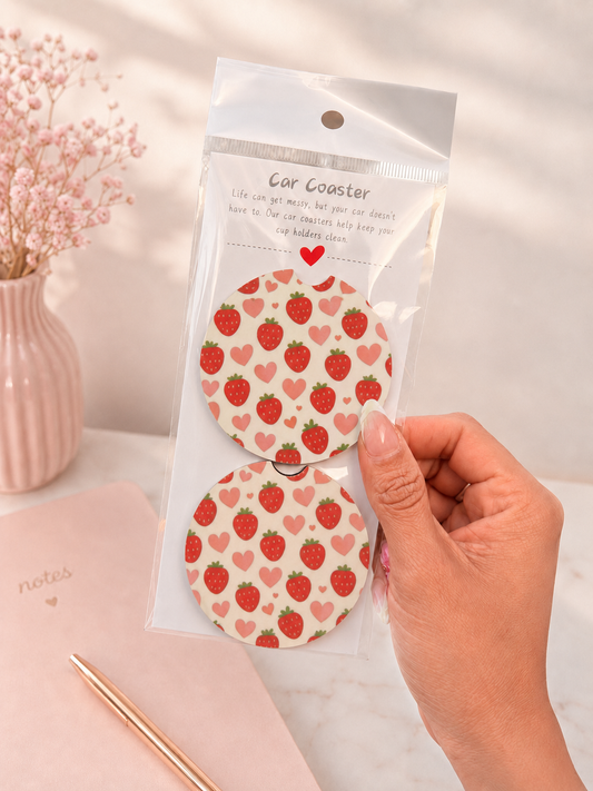 🍓💖 Strawberry Love Car Coaster Set🚗🎀✨