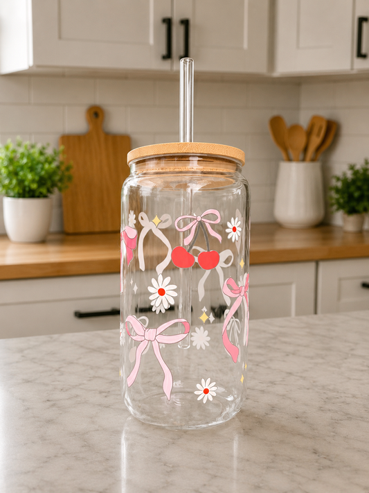 Cherry Bows Glass Can Cup 🍒🎀