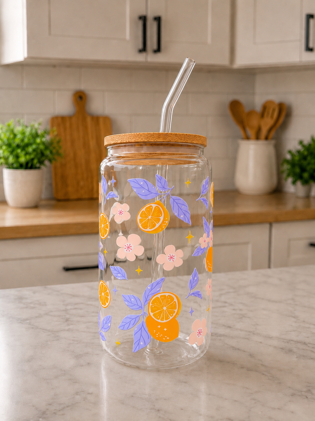 🍊🌸orange Bloom Glass Can Cup 🍊💜✨