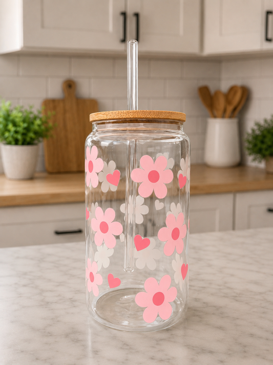 Pink Flowers Glass Can Cup🌸✨