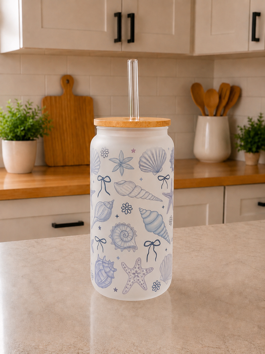🩵Coquette Seashell Frosted Glass Can Cup 🐚✨