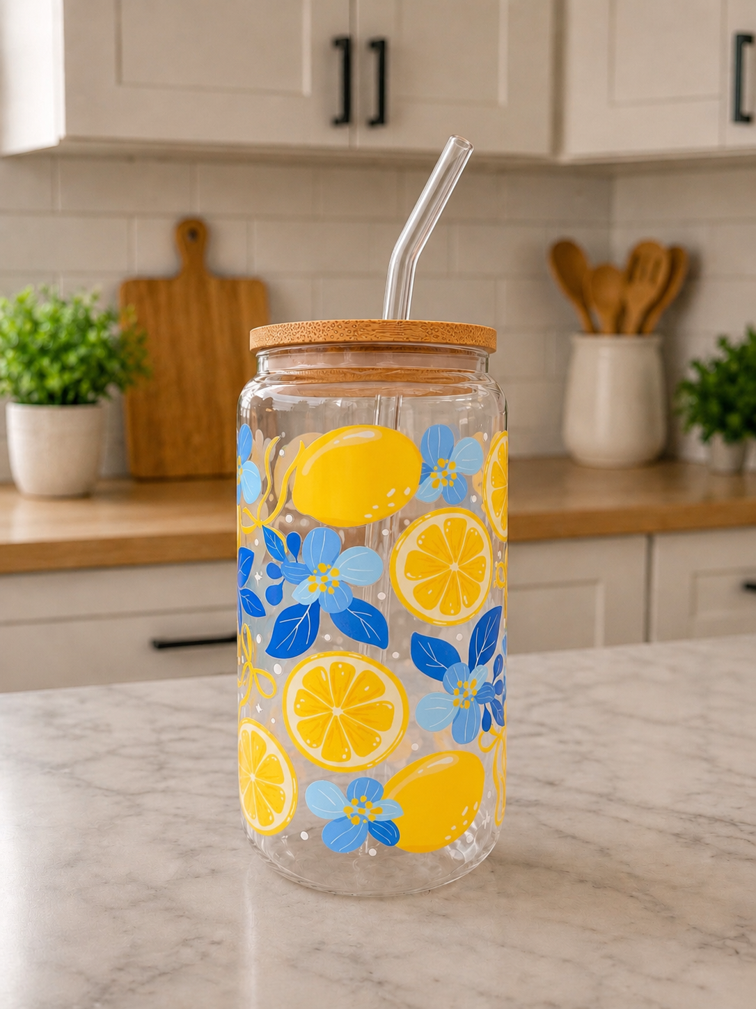 🍋 Lemon Blossom Glass Can Cup 🍋💙✨