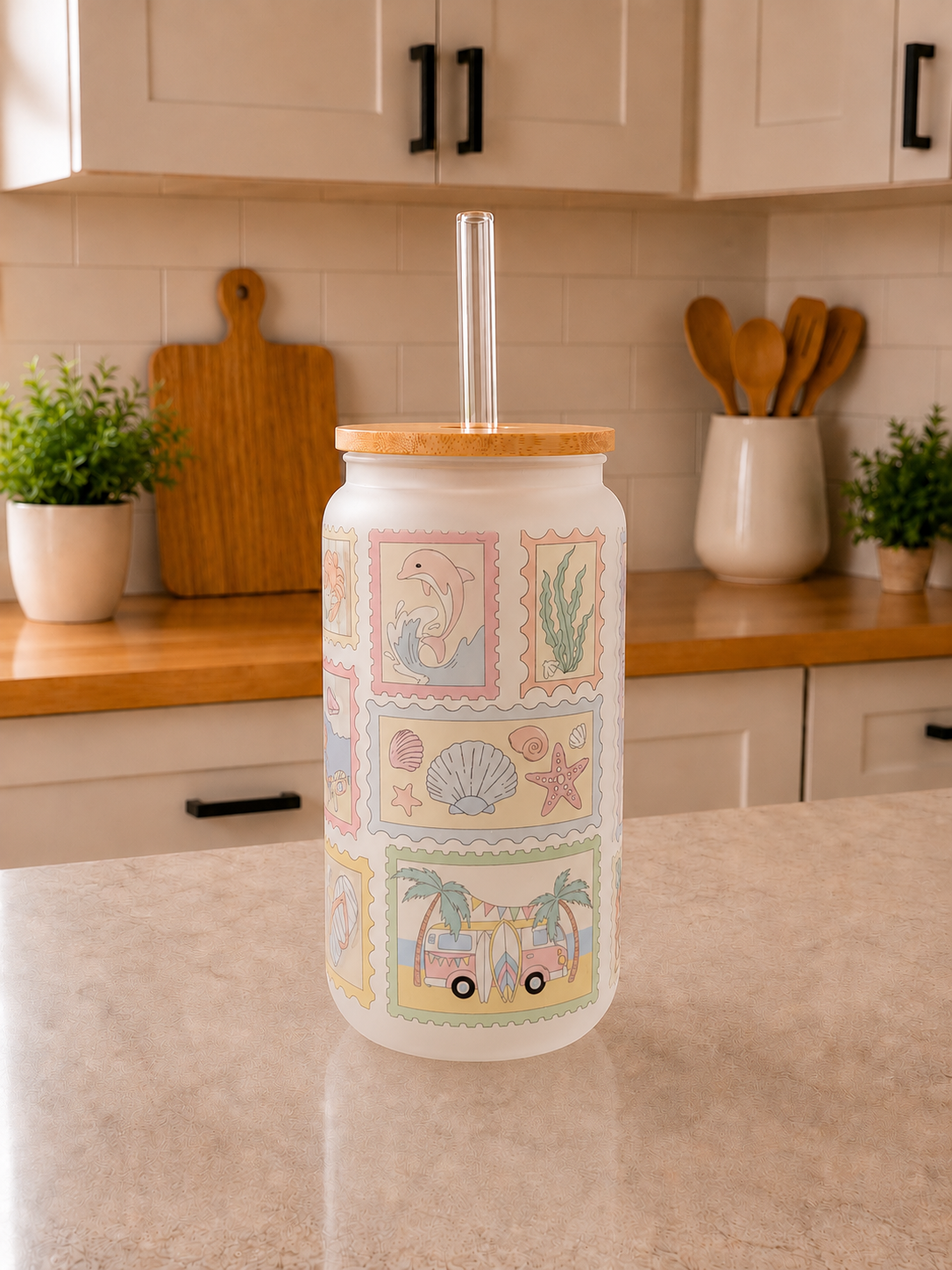 🌊💗 Coastal Postcard Stamps Frosted Glass Can Cup 🌴✨