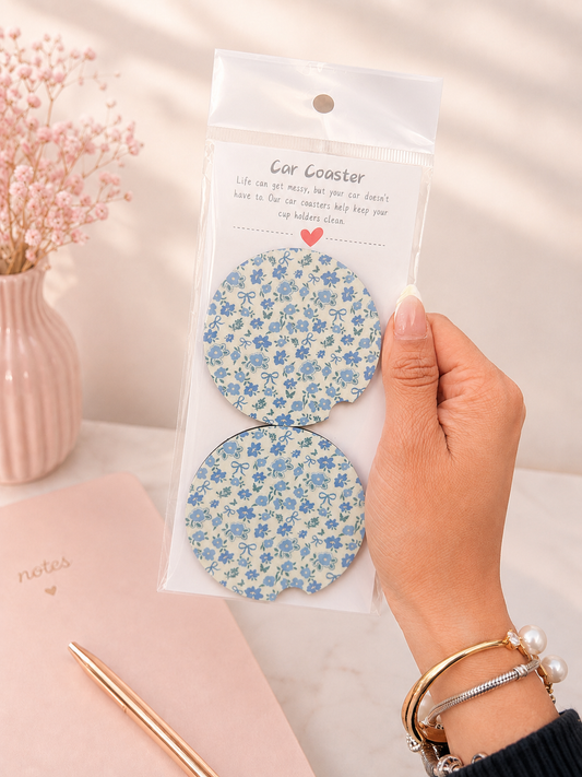 🩵 Blue Floral Car Coaster Set 🚗✨💙