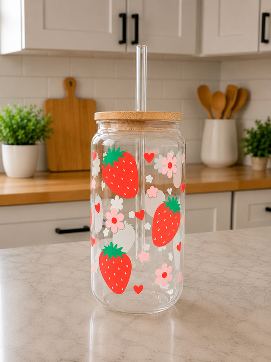 🍓💕 Sweet Strawberry Glass Can Cup 🌸✨