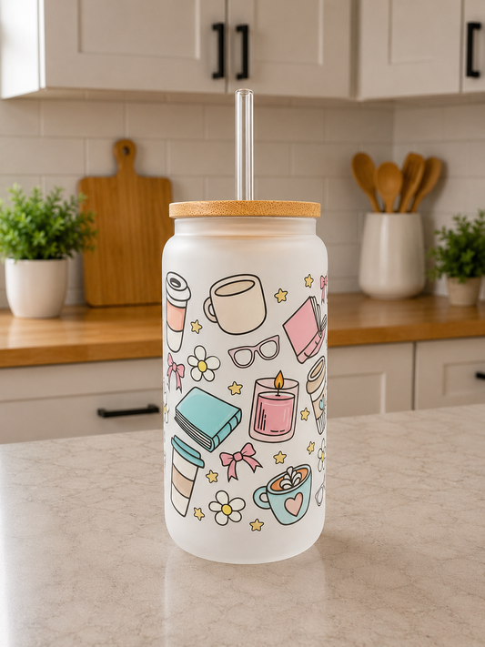 ☕📚✨ Cozy Reader Frosted Glass Can Cup 🩷🌼
