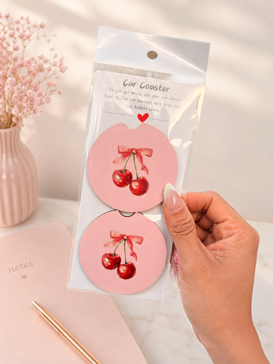 🍒💖Red Cherry Coquette Car Coaster Set 🚗🎀✨