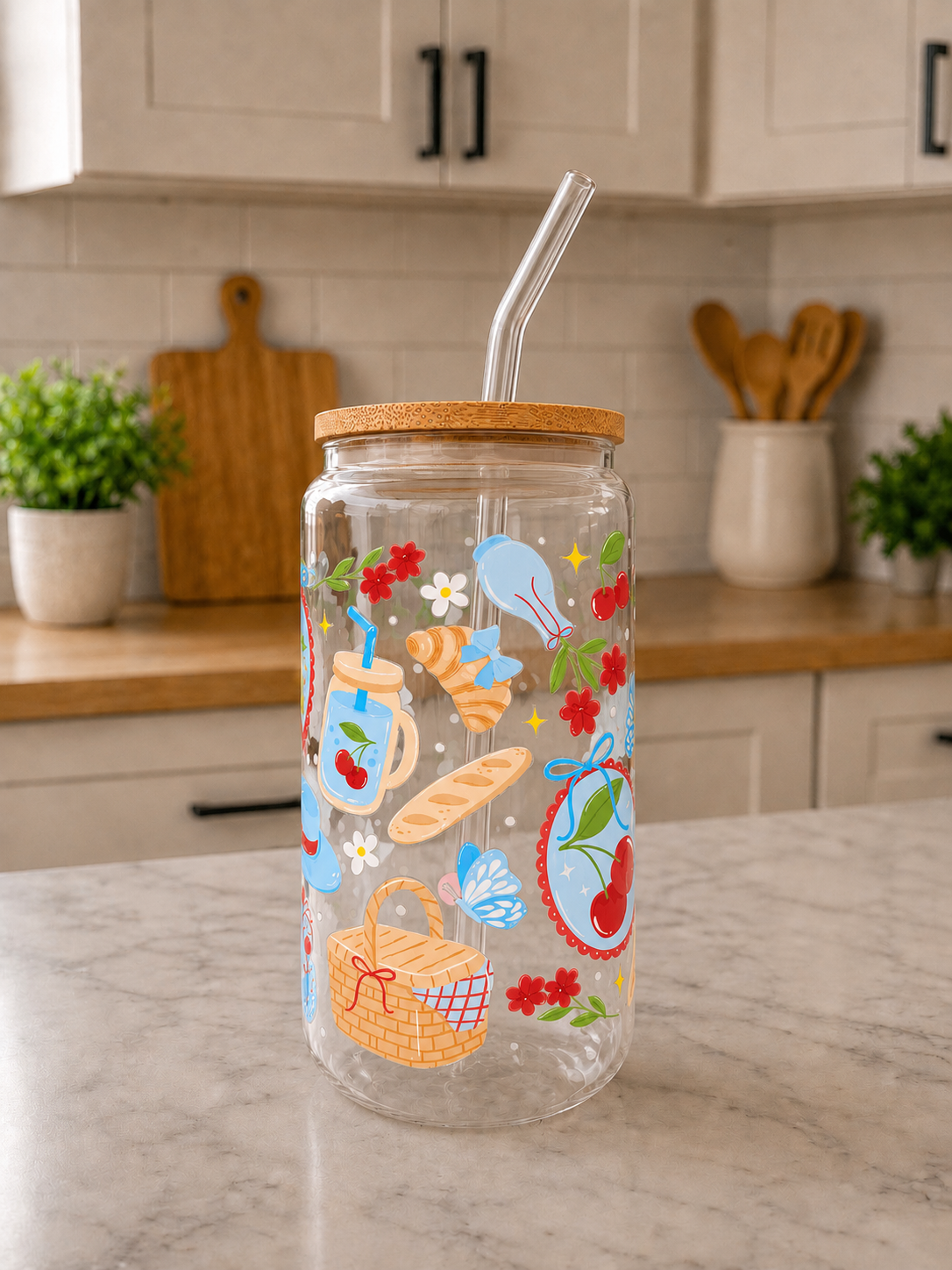 Cherry Picnic Glass Can Cup🍒🧺💙✨