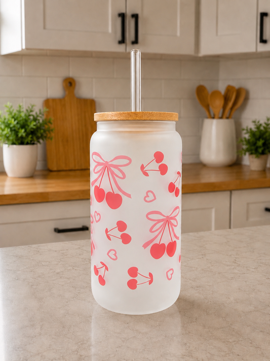 🍒🎀 Red Cherry Bow Frosted Glass Can Cup 🩷✨