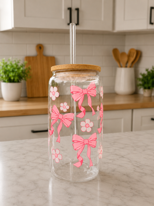 🎀 Pink Bow Glass Can Cup 🌸