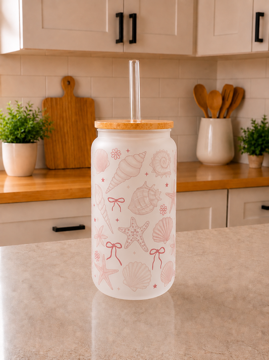 🩷 Pink Seashell Frosted Glass Can Cup 🐚✨