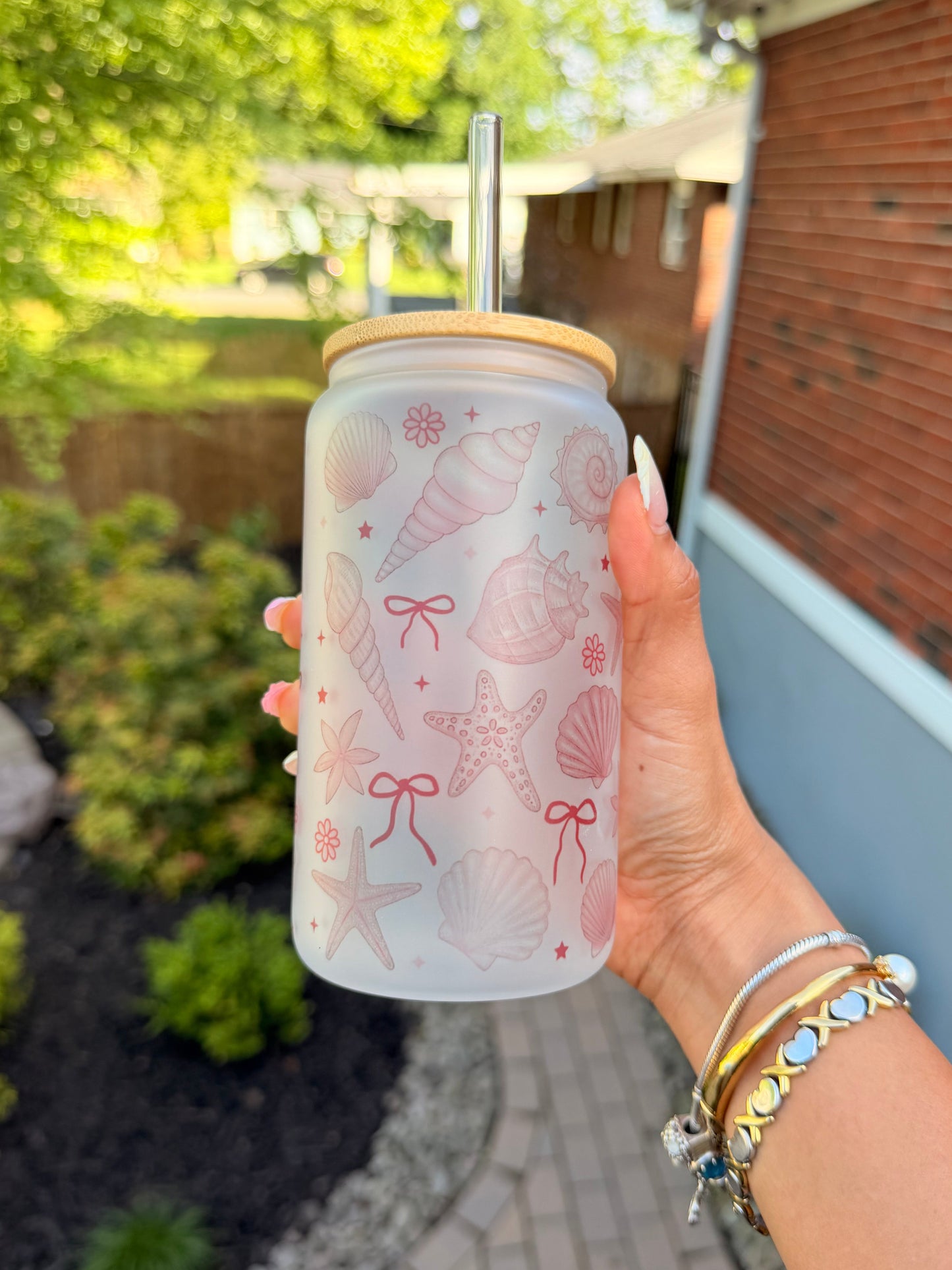 🩷 Pink Seashell Frosted Glass Can Cup 🐚✨