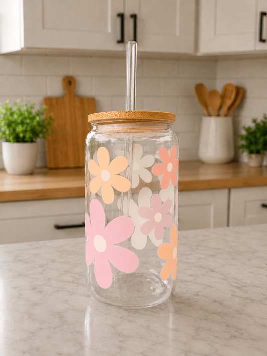Pastel Flower Glass Can Cup 🌸✨