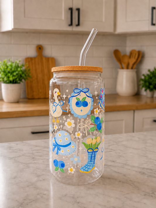 Blueberry Cottage Glass Can Cup 🫐💙✨