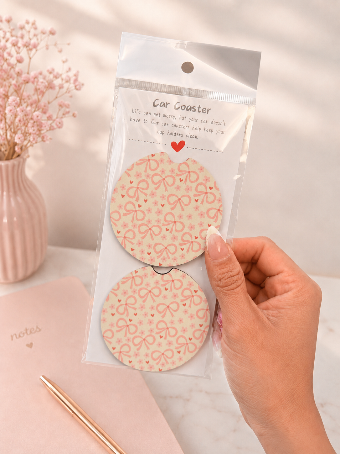 🎀🌸Dreamy Pink Coquette Car Coaster Set🎀🌸✨