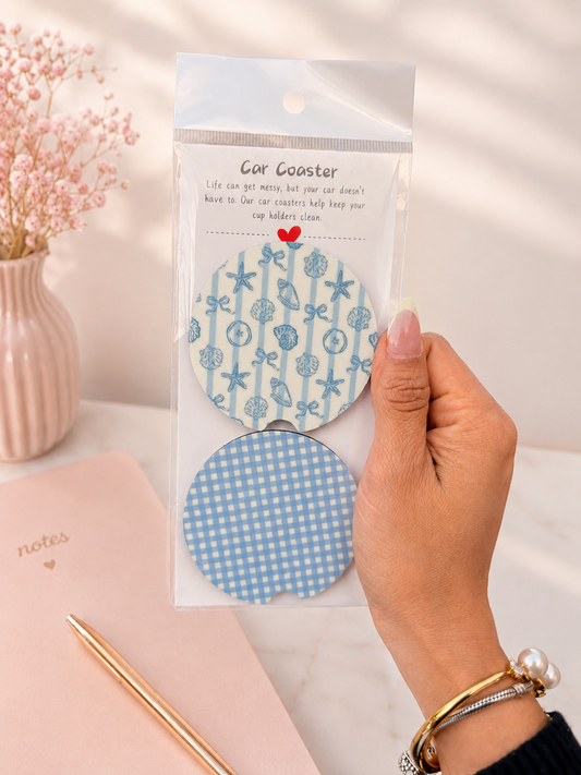 💙☁️🌊Coastal Coquette Car Coaster Set 🐚✨💙