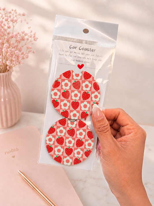 🍓🌸✨ Strawberries Flowers Car Coaster Set  🍓🌸✨