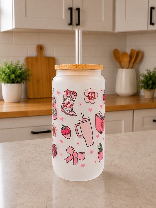 🩷✨ Girly Pink Frosted Glass Can Cup 🎀🌸