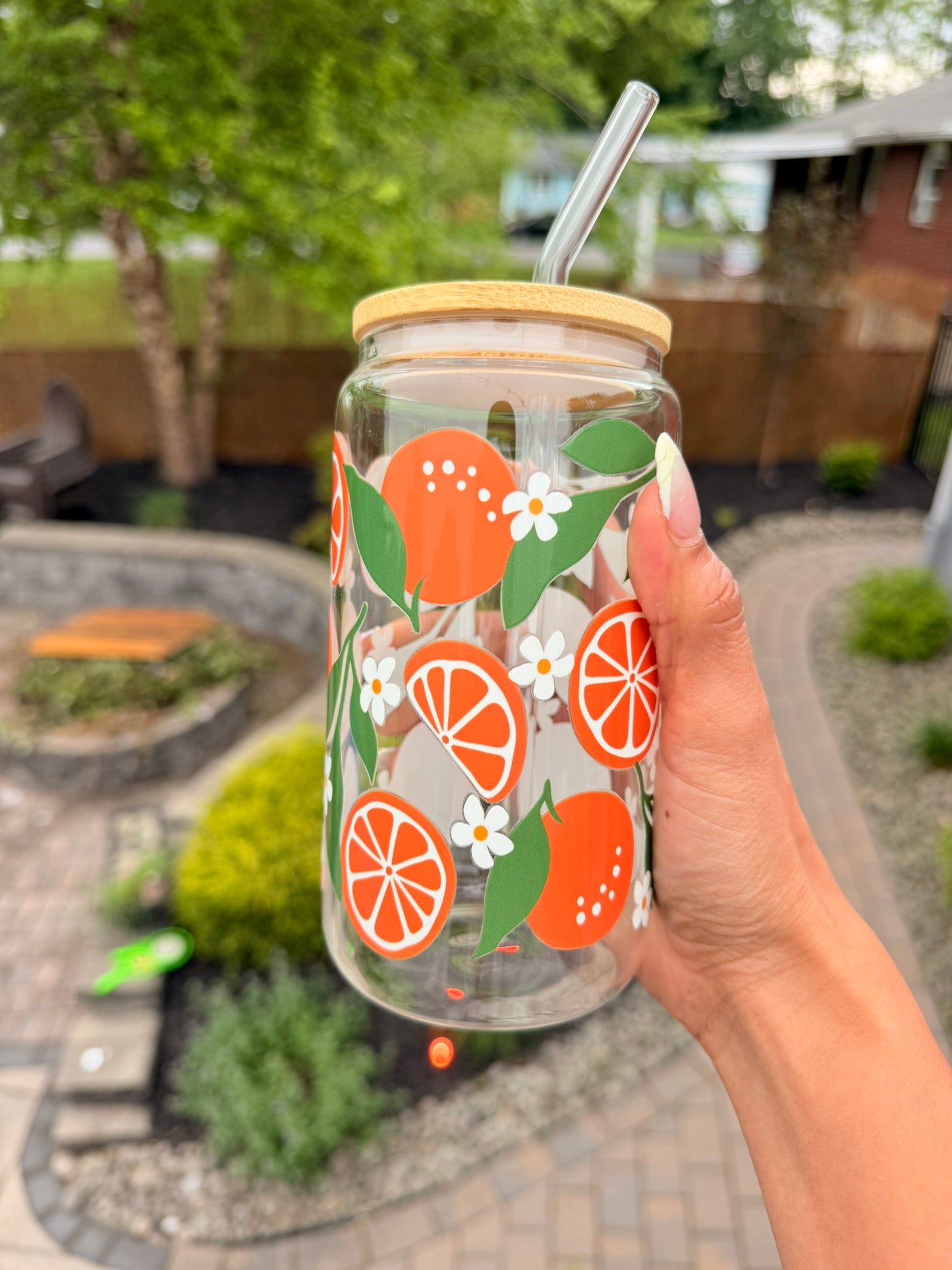 Citrus Blossom Glass Can Cup 🧡🍊✨