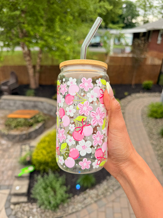 Cherry Blossom Glass Can Cup 🍒🌸💗✨