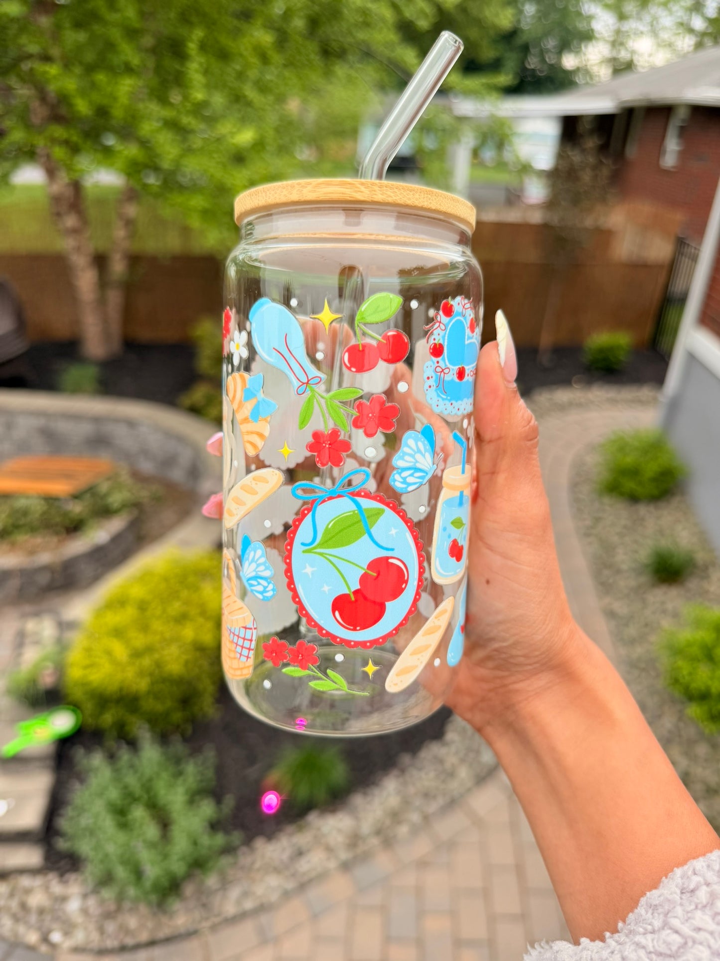 Cherry Picnic Glass Can Cup🍒🧺💙✨