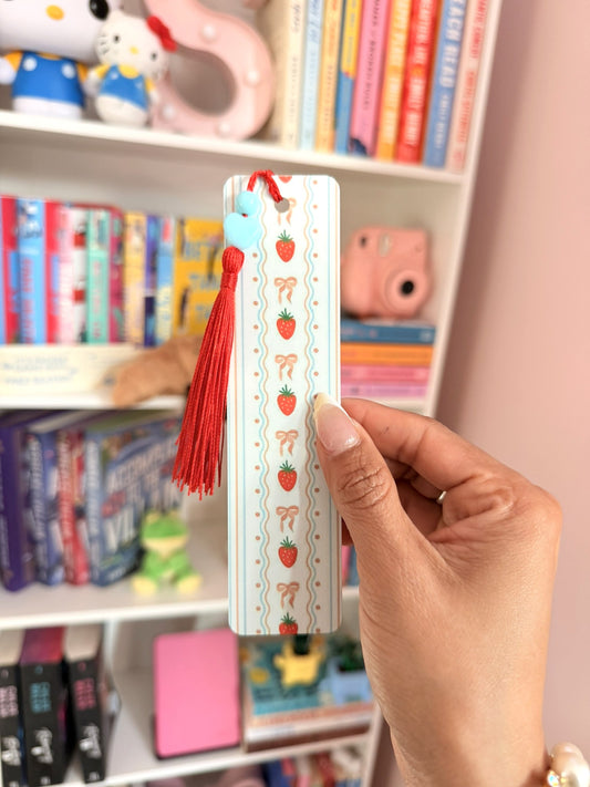 🍓✨ Strawberry Bow Metal Bookmark🎀📚💕